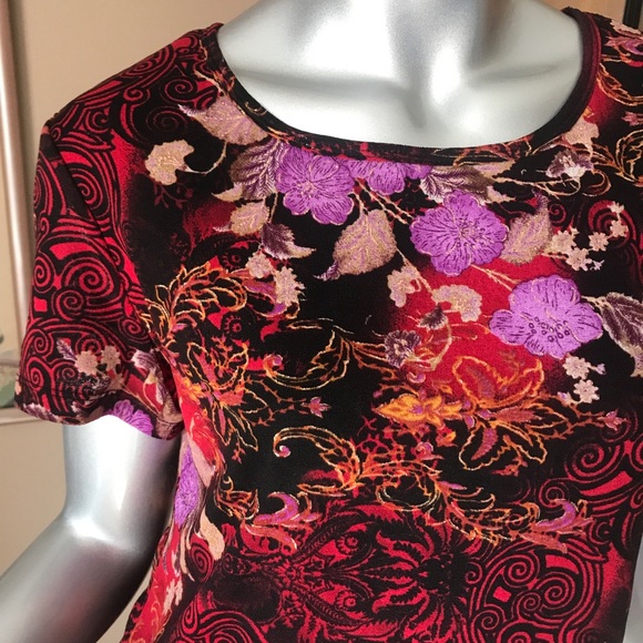 90’s Y2k Floral Black Red Mesh Blouse Graphic Shirt Short Sleeve Top Medium - Picture 6 of 13